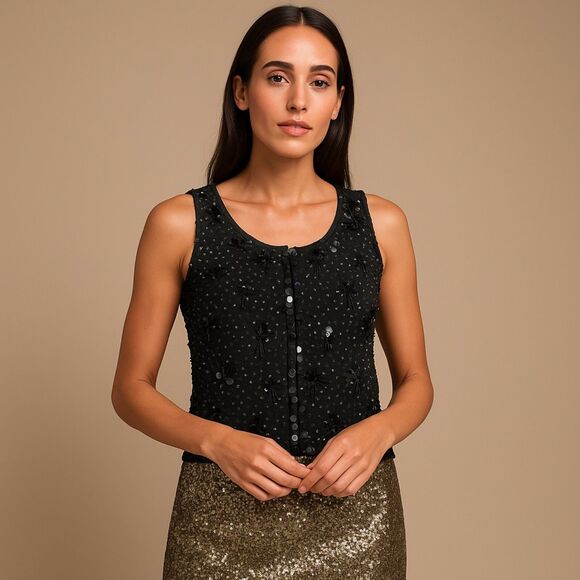 Vintage Tops - Vintage Beaded Sequin Embellised Shell Black 100% Lambs Wool Size 36 / Medium